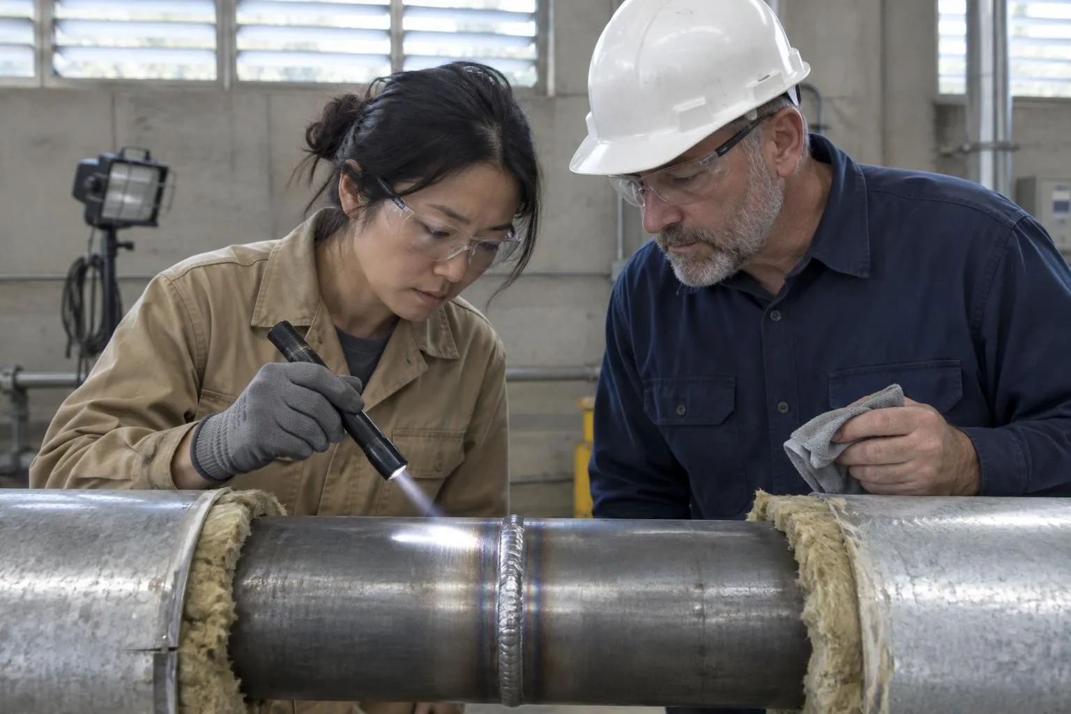 An inspector's torch beam rakes across a freshly cleaned steam-pipe weld as a facility manager holds a rag beside her.