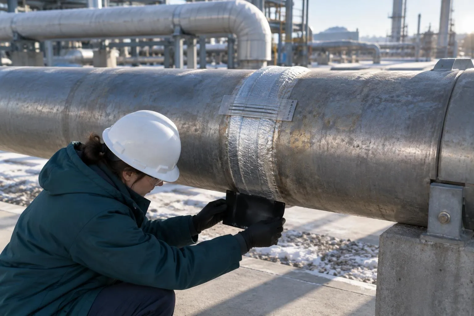 Gloved hands press a black film cassette against a steel pipe weld as a technician looks on in profile at a power plant.