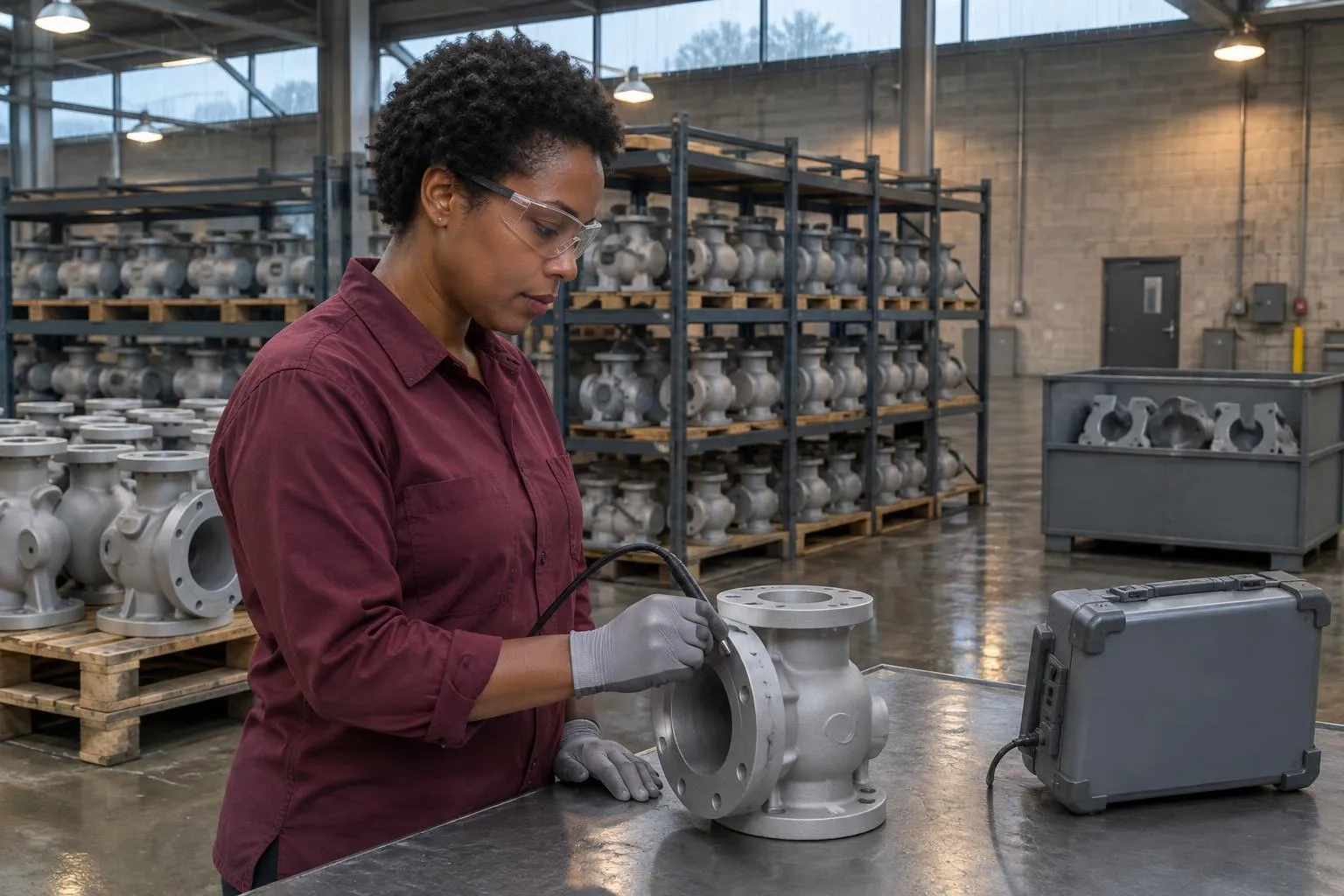 Technician scans an intact cast valve body with an eddy-current probe among racks of whole castings in an inspection bay.