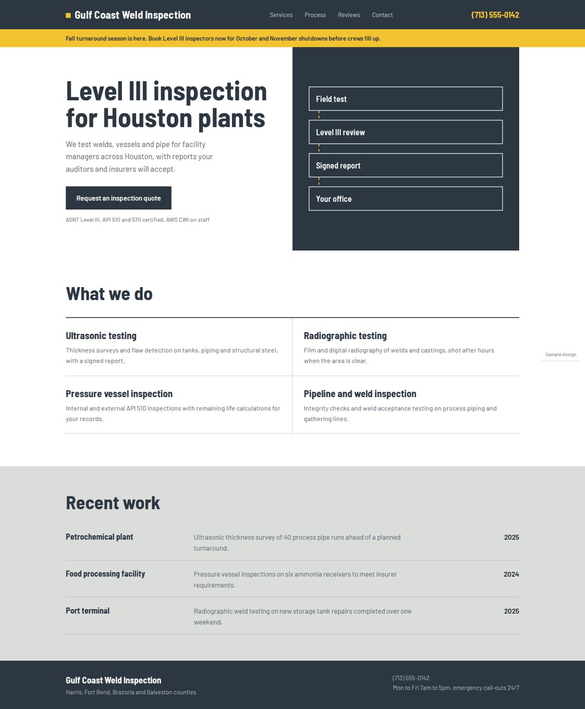 Full page of a sample business website, desktop view