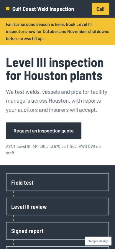 Sample business website, mobile view